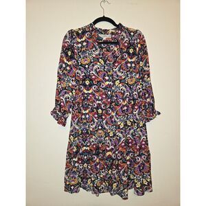 Loft Floral Multicolor Dress Womens Petite Small V-Neck Boho Button Neck